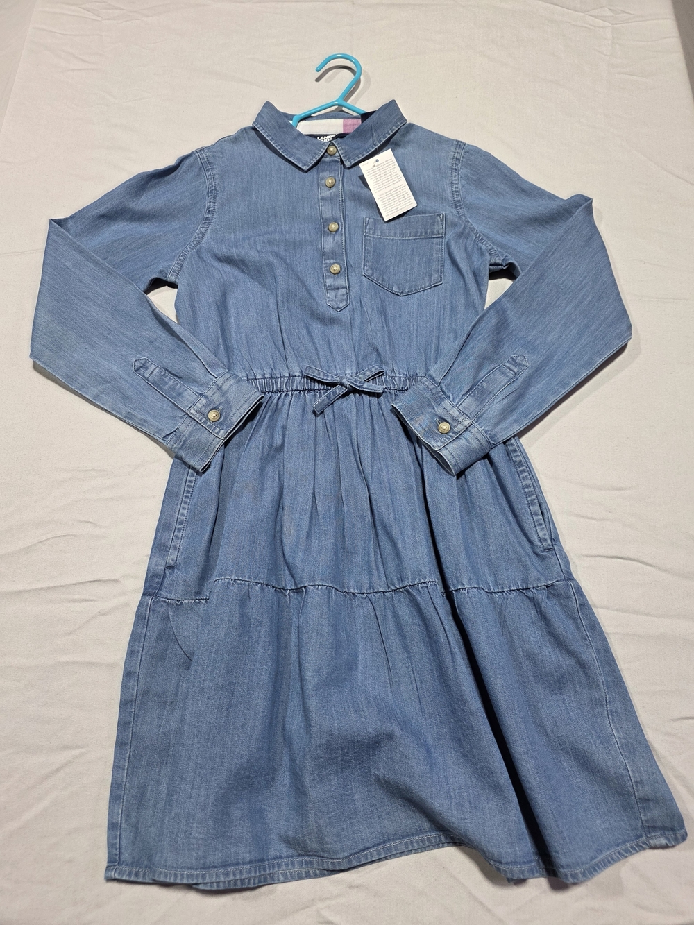 Lands End Girls' Blue Denim Shirt Dress with Tie Waist. Back To School